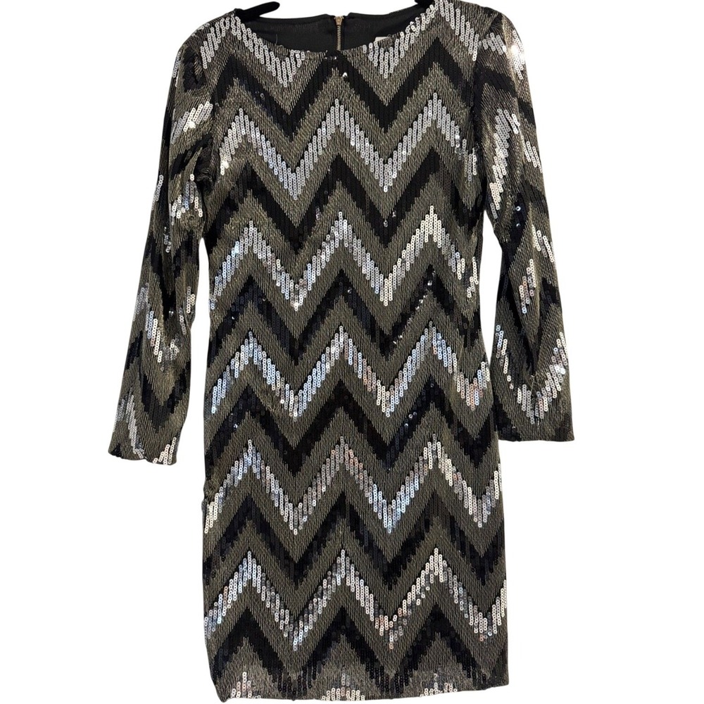 Yaojing Womens Sequin Chevron Mini Dress Black Silver Long Sleeve Size M